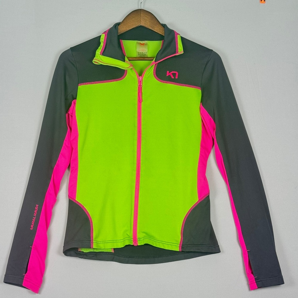 Kari Traa Full Zip Jacket Womens Small Green Pink Excellent Thumbhole Athletic